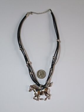 Silver Horse Pendant Black Multi-Strand Necklace